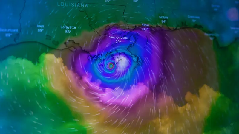 A colour-coded computer weather model showing a cyclone's wind field over land.