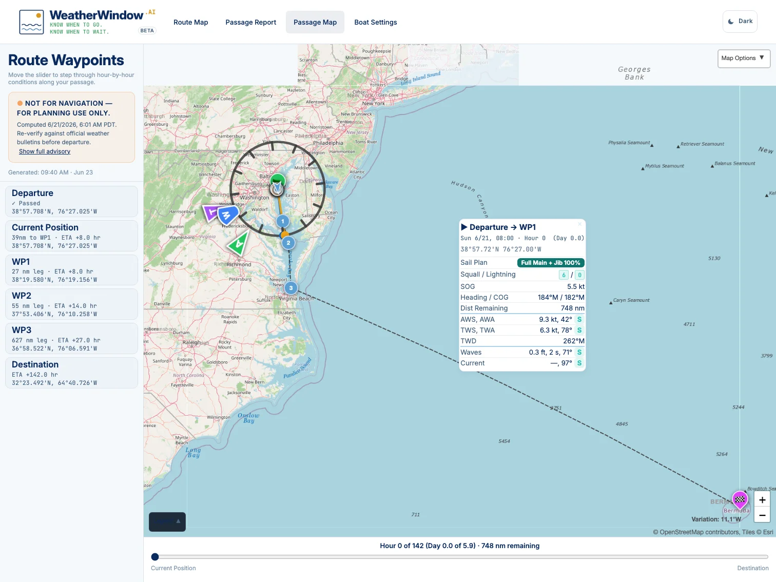 WeatherWindow.AI Passage Map for a 640 nm offshore passage to Bermuda