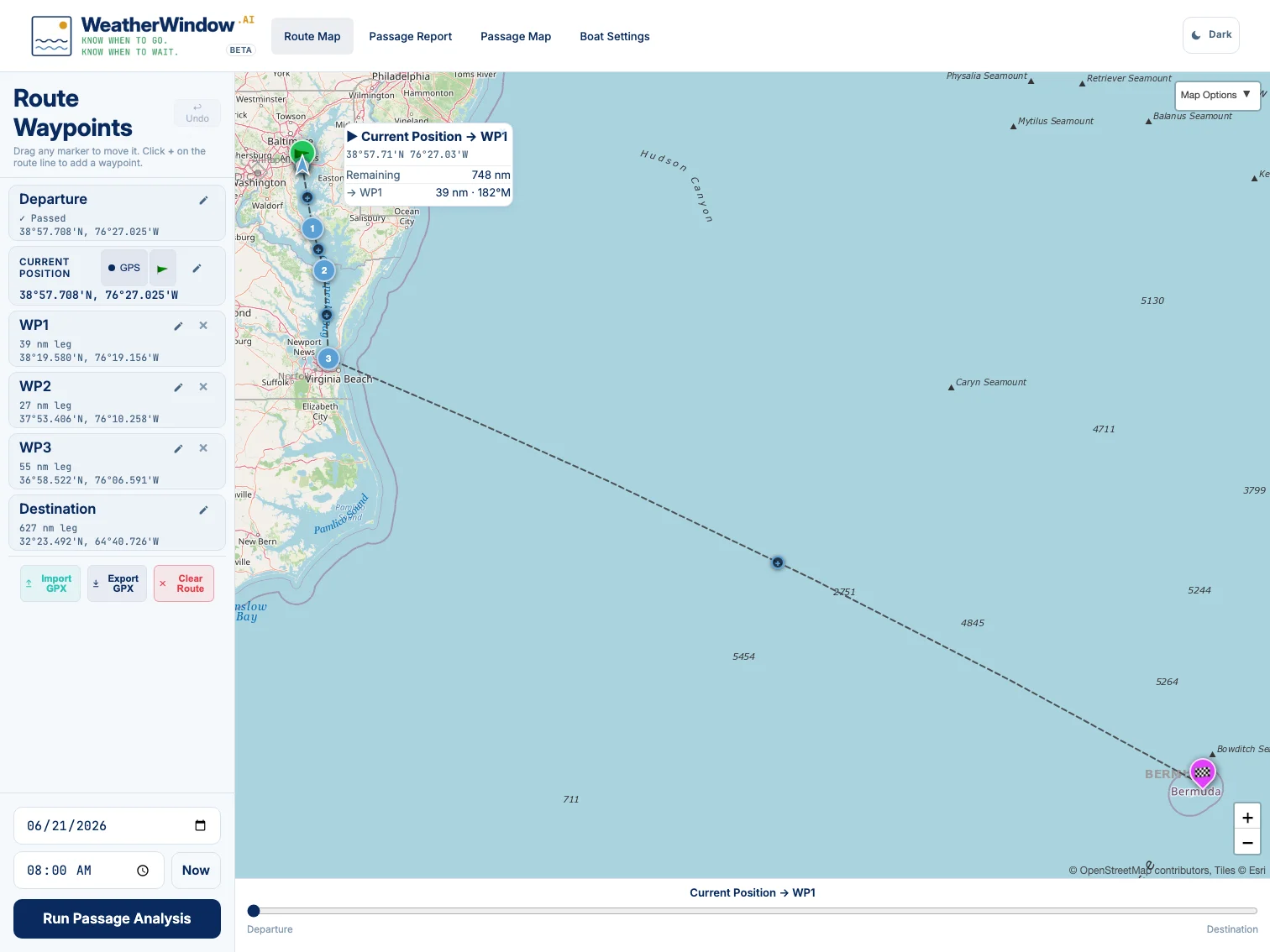 Planning the Annapolis to Bermuda route in WeatherWindow.AI