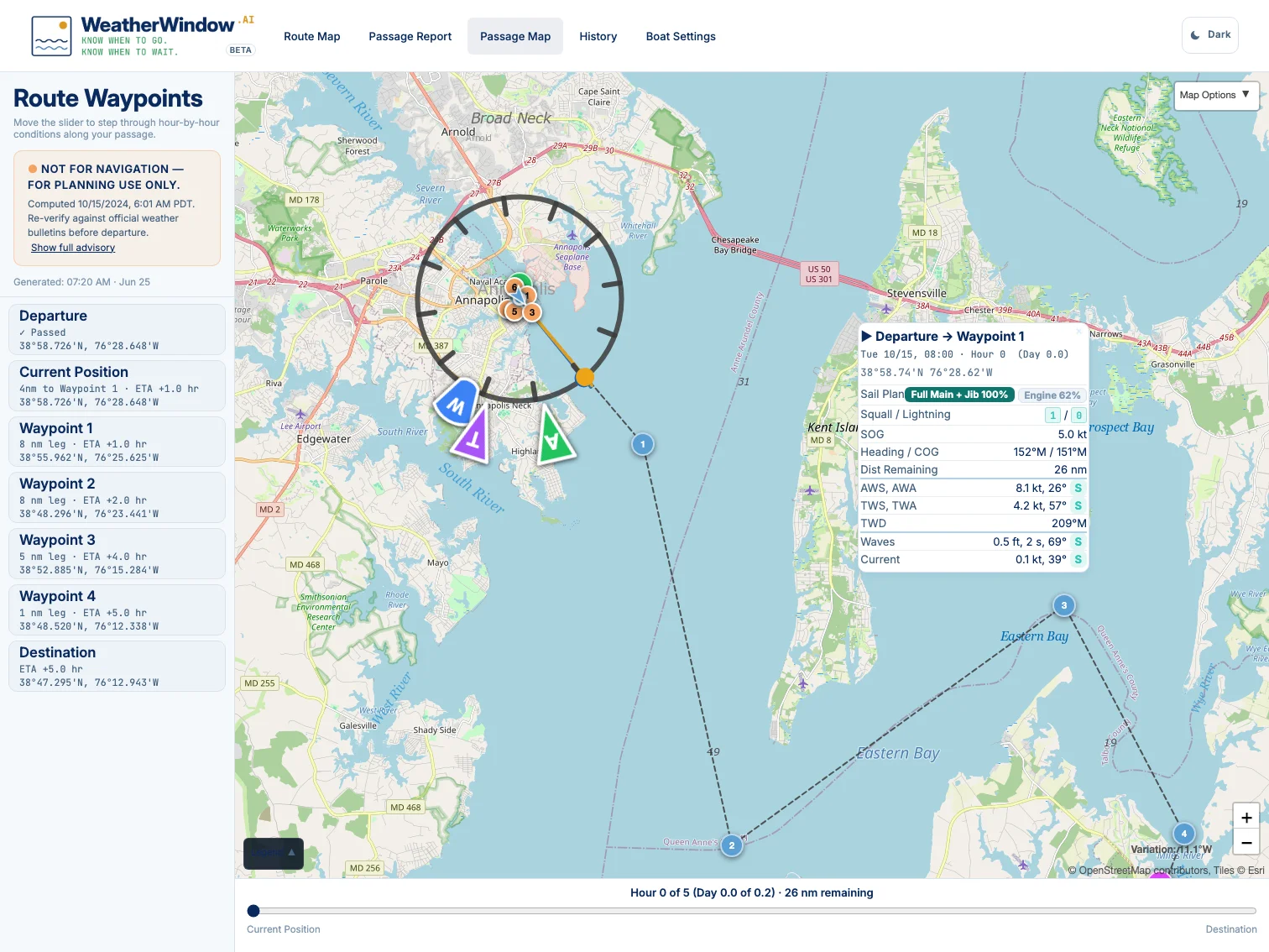 WeatherWindow.AI Passage Map for a 26 nm Chesapeake Bay day sail